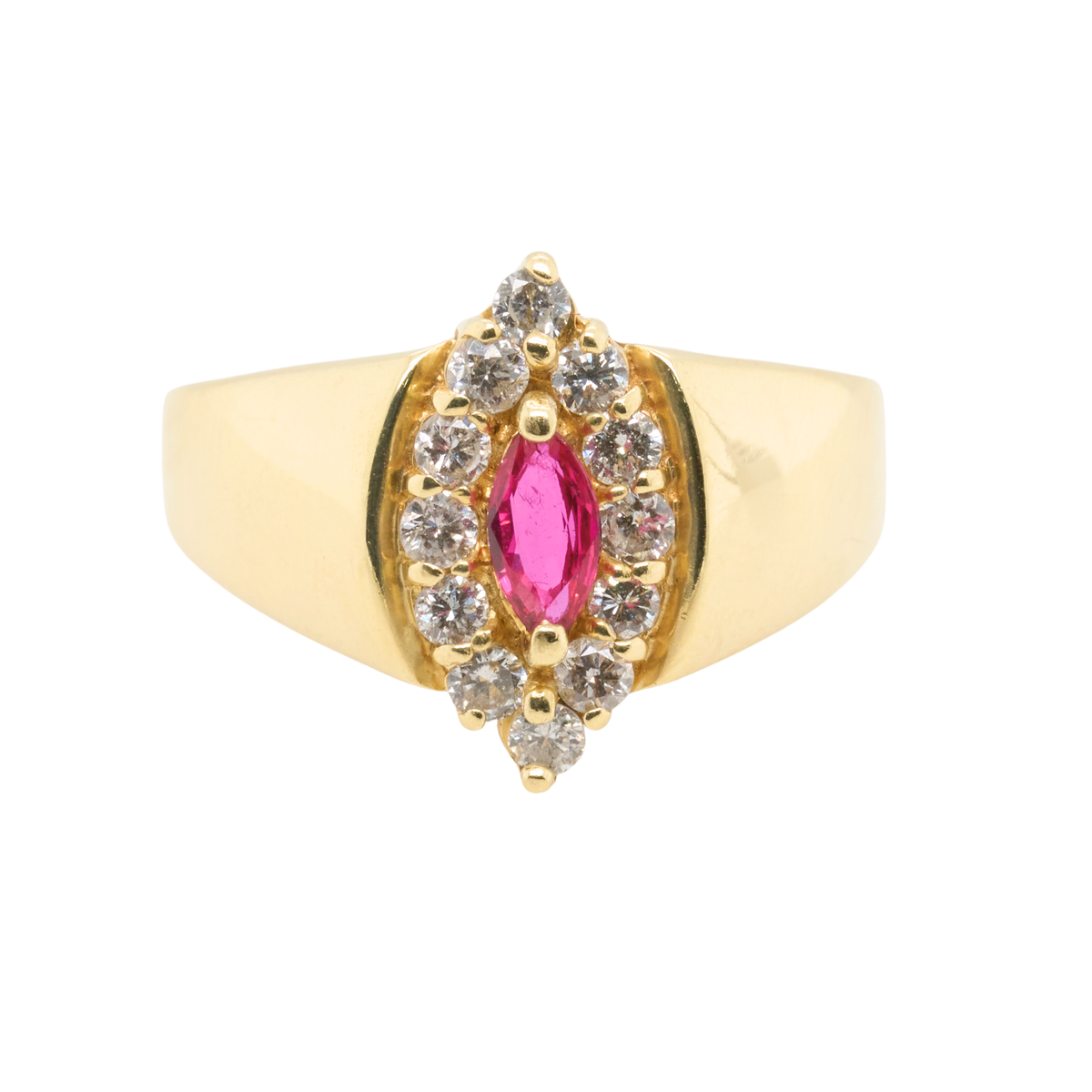 Marquise Natural Ruby Halo Ring, 14K Yellow Gold