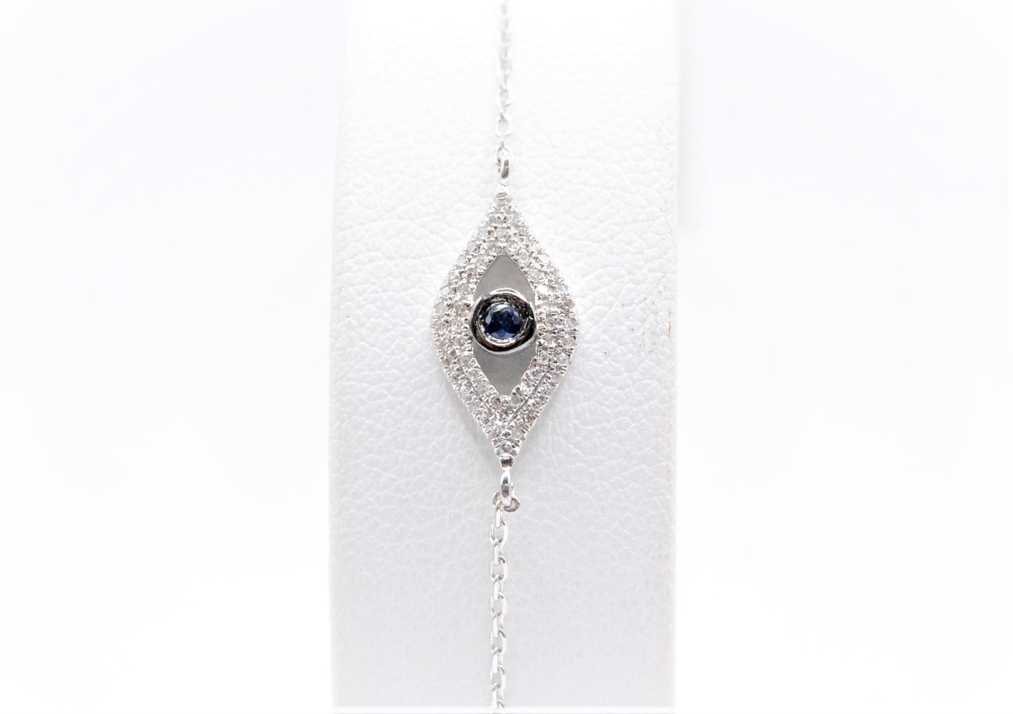 7.5" 0.15cttw. 1.3g Diamond and Sapphire 14k White Gold Evil Eye Bracelet