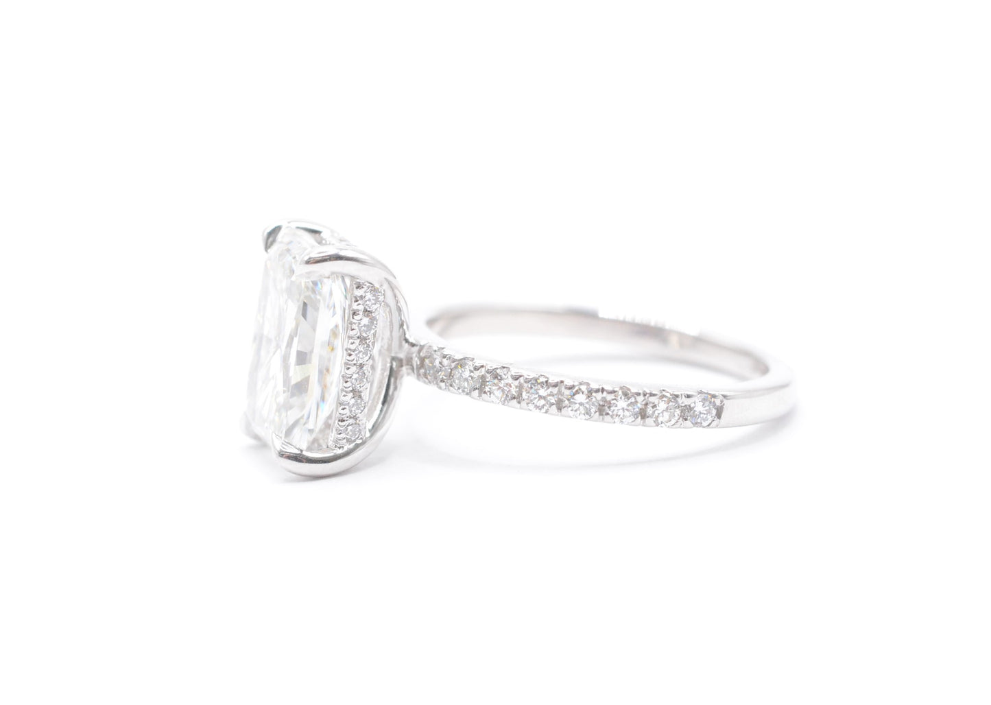 2.5ct lab grown radiant center f color vs1 14k white gold diamond pave setting accented underhalo
