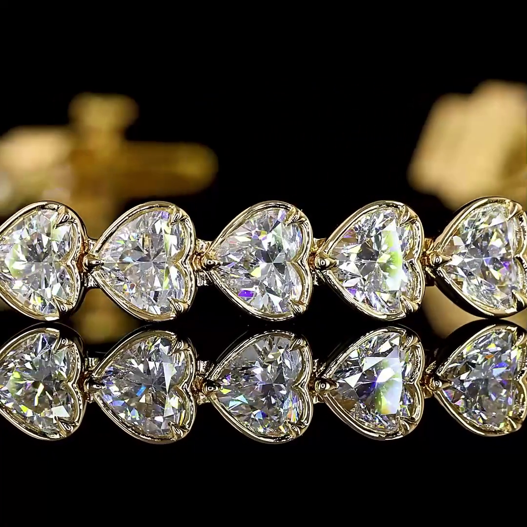 9.19 CTTW Heart Lab Diamond Tennis Bracelet 6.75" 18k Yellow Gold (F Color and VS1 Clarity)