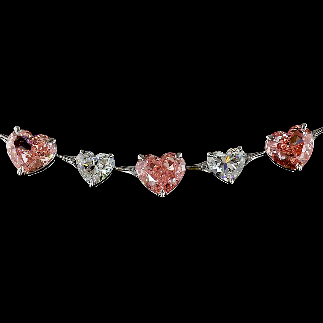 27.26 CTTW Heart Lab Diamond Station Necklace (Fancy Vivid Pink Color and VS2 Clarity)