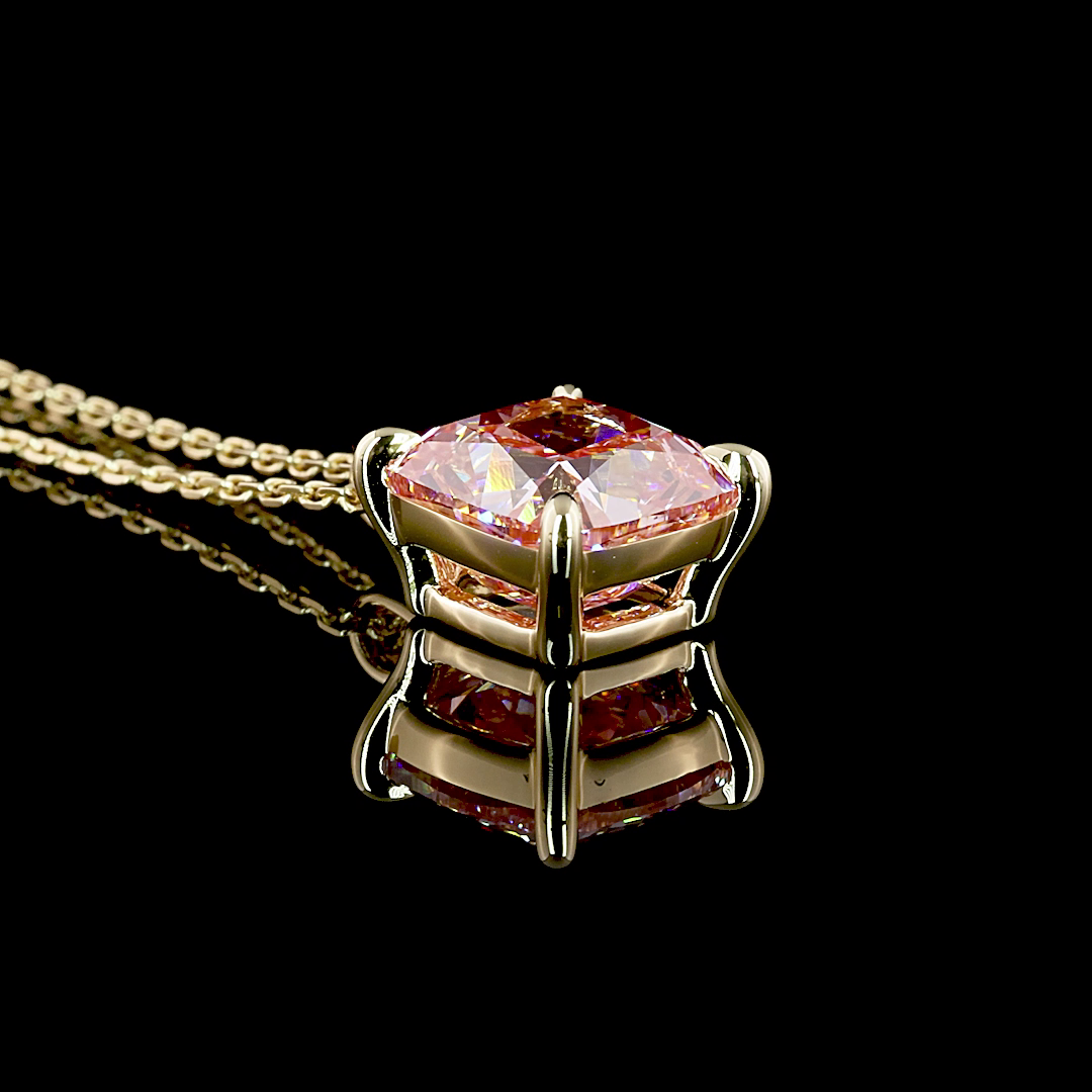3.56 CT Cushion Brilliant Lab Diamond Solitaire Necklace Pendant (Fancy Vivid Pink Color and VS1 Clarity)
