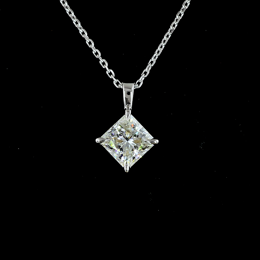 1.31 CT Princess Lab Diamond Solitaire Necklace Pendant 18" 14k White Gold (E Color)