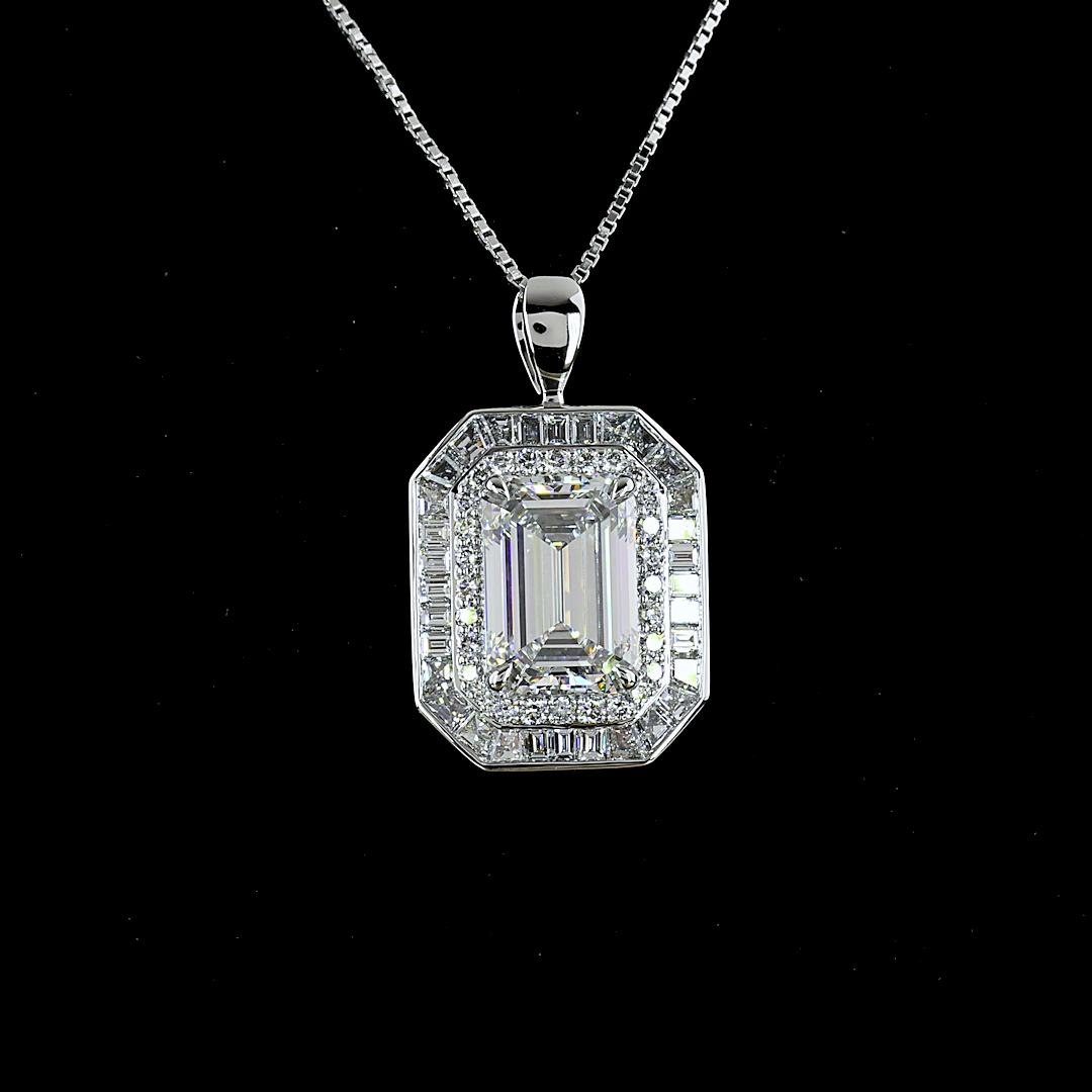 6.57 CTTW MIX Lab Diamond Double Halo Necklace Pendant 18" 9k White Gold - 14k White Gold F Color and VS1 Clarity jewelry-spot-usa