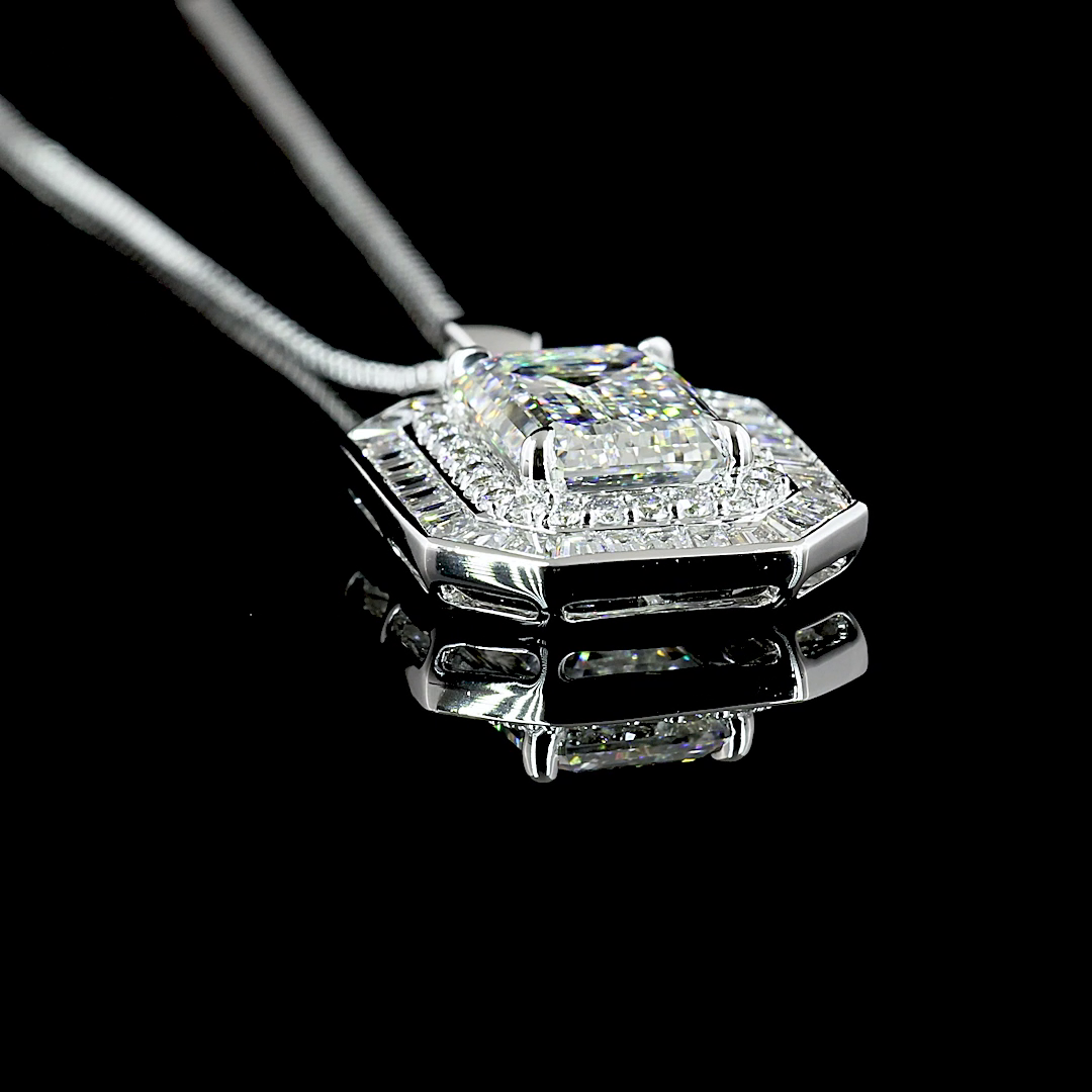 6.57 CTTW MIX Lab Diamond Double Halo Necklace Pendant 18" 9k White Gold - 14k White Gold (F Color and VS1 Clarity)