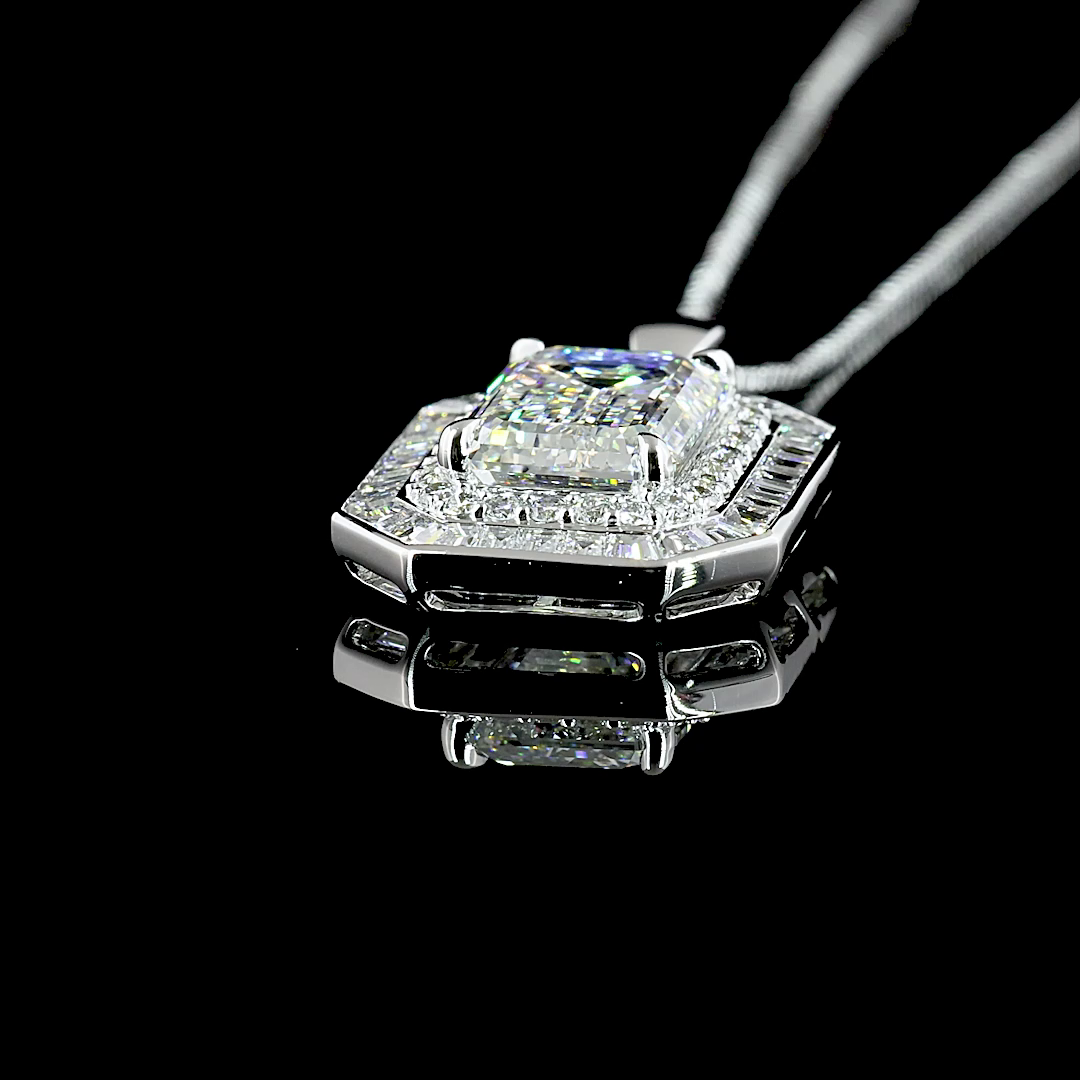 6.57 CTTW MIX Lab Diamond Double Halo Necklace Pendant 18" 9k White Gold - 14k White Gold (F Color and VS1 Clarity)