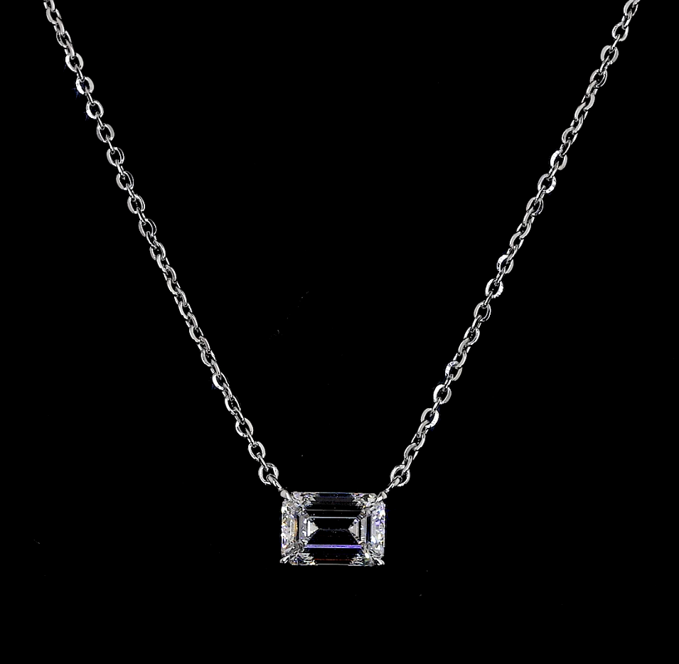 2.00 CT Emerald Lab Diamond Solitaire Necklace Pendant 18" 14k White Gold (F/G/E/D Color and VS1/VS2/VVS2 Clarity)