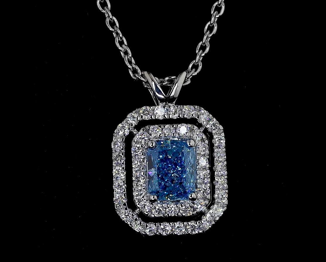 0.72 CTTW Radiant Lab Diamond Double Halo Necklace Pendant (VS2 Clarity)