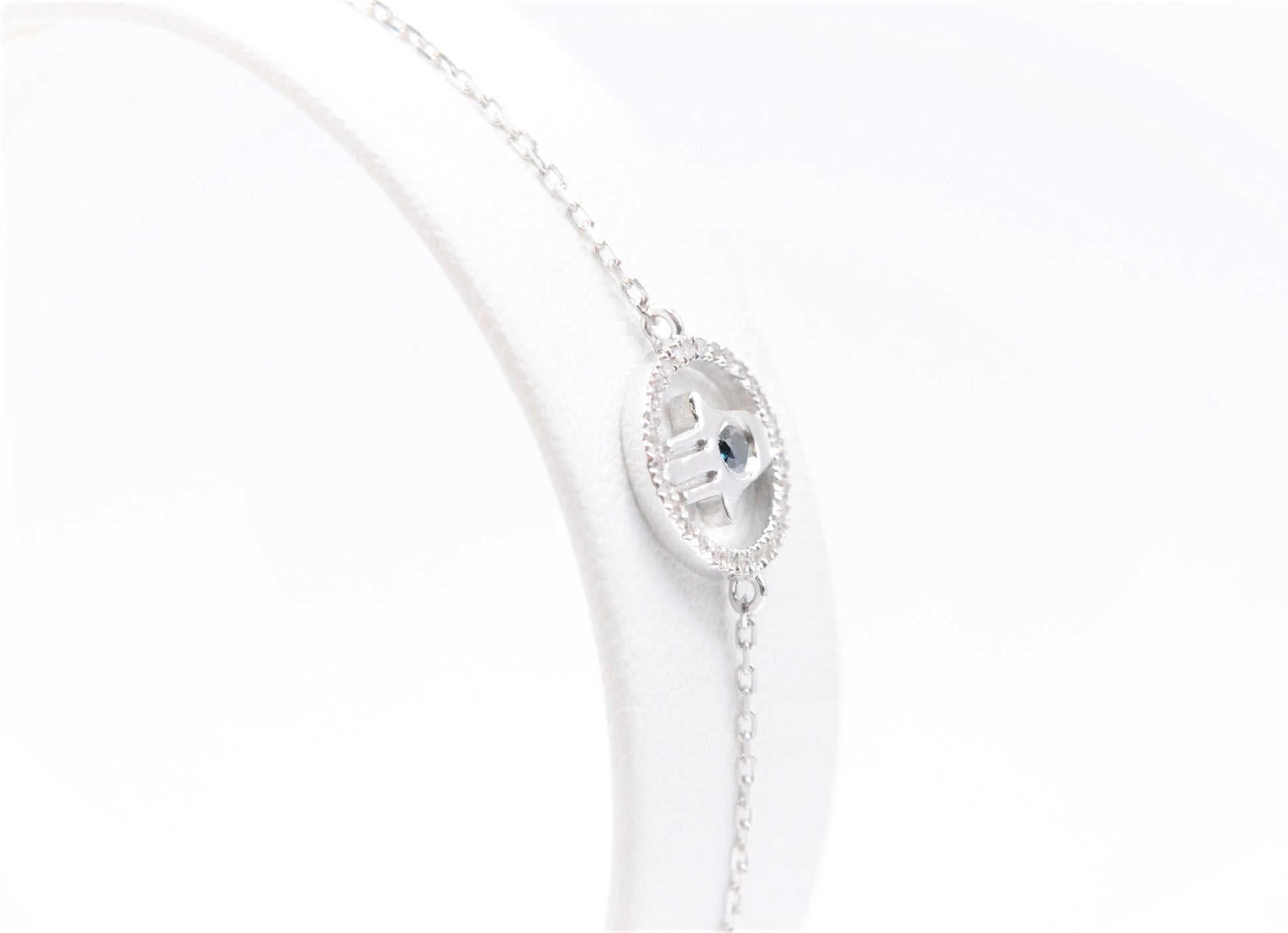 7" 0.12cttw. 1.7g Blue/White Diamond 14K White Gold Adjustable Hamsa Bracelet