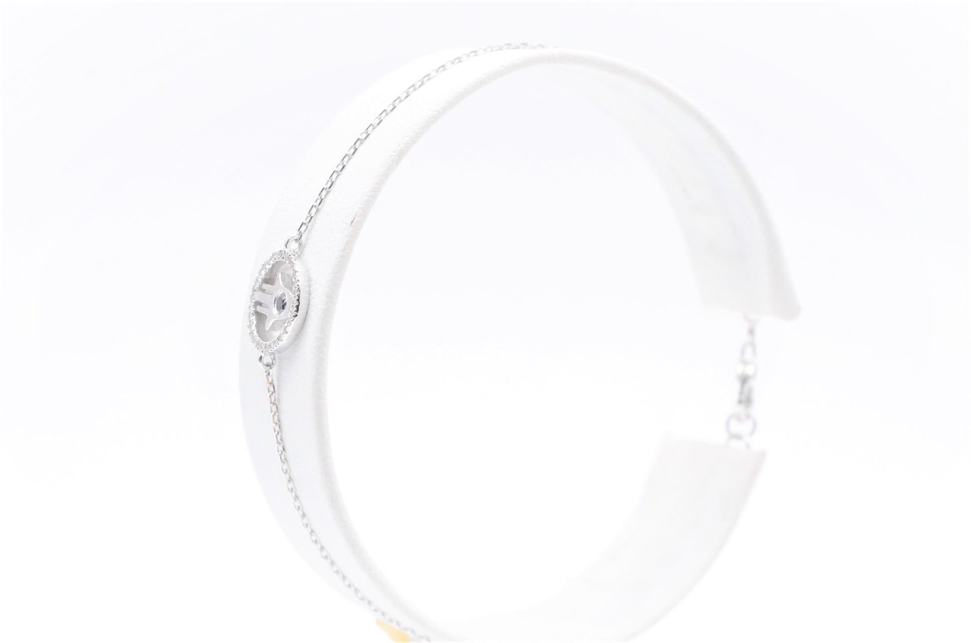 7" 0.12cttw. 1.7g Blue/White Diamond 14K White Gold Adjustable Hamsa Bracelet