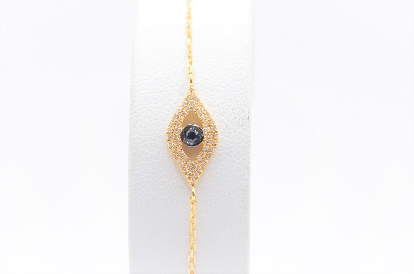 0.15 CTTW Diamond and Sapphire Evil Eye Bracelet in 14K Yellow Gold, Adjustable 7.5"