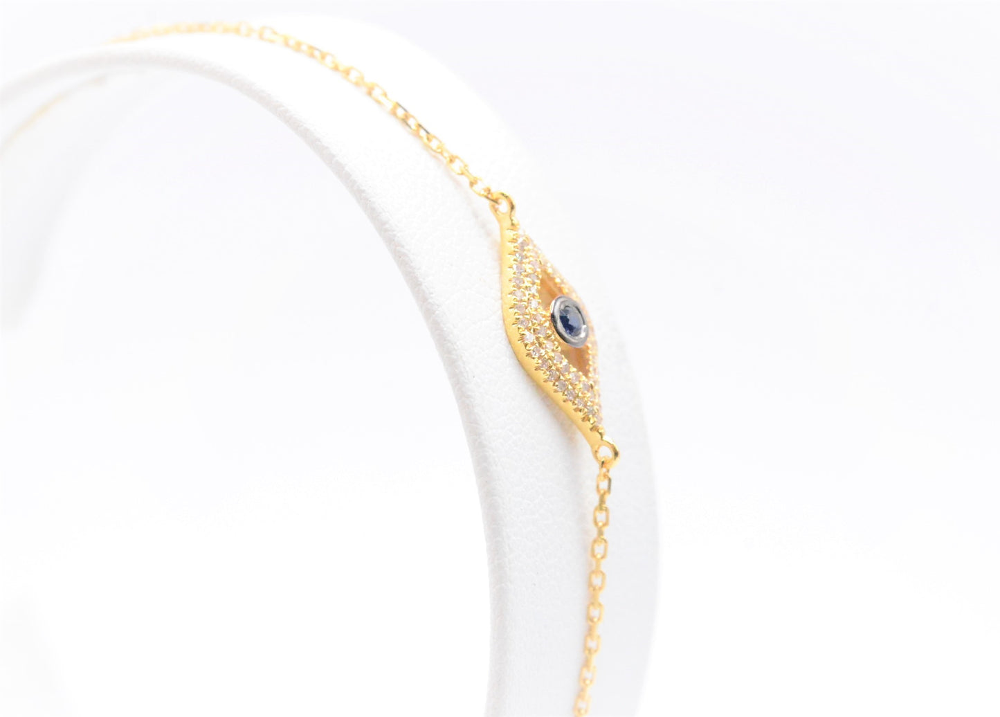 0.15 CTTW Diamond and Sapphire Evil Eye Bracelet in 14K Yellow Gold, Adjustable 7.5"