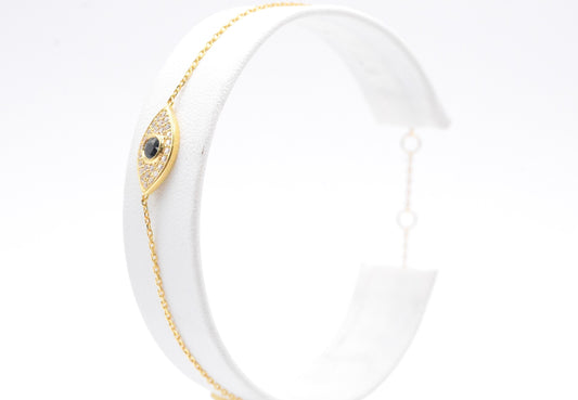 0.16 CTTW Diamond and Sapphire Evil Eye Bracelet in 14K Yellow Gold, Adjustable 8"