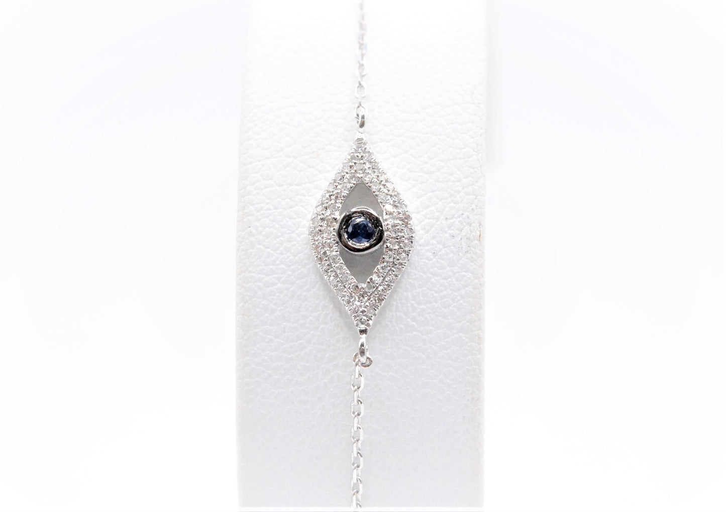 0.15 CTTW Diamond and Sapphire Evil Eye Bracelet in 14K White Gold, Adjustable 7.5"