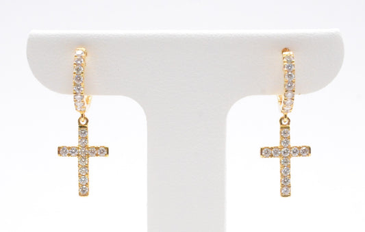 0.65 cttw Diamond Dangle Cross Huggie Earrings 14K Yellow Gold