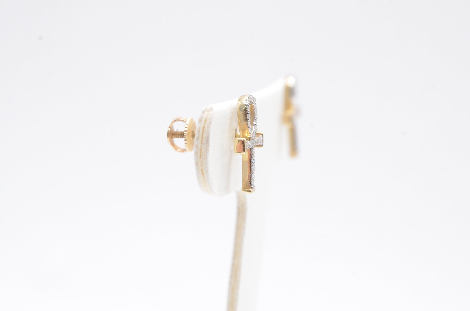 0.15 cttw Micro Ankh Cross Diamond Stud Earrings 10K Yellow Gold