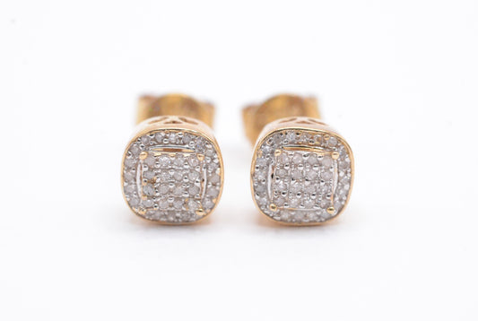 0.20 cttw Micro Pave Diamond Square Cluster Earrings 10K Yellow Gold