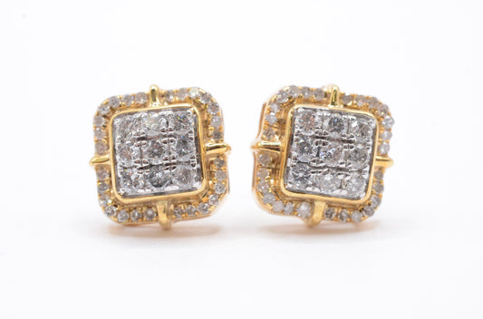 1.00 cttw Diamond 3-D Dome Square Cluster Earrings 10K Yellow Gold