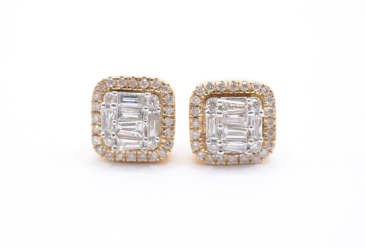 0.50 cttw Baguette Diamond Halo Cluster Earrings 14K Yellow Gold