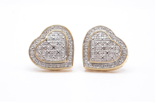 0.15 cttw 3-D Heart Shaped Diamond Cluster Earrings 10K Yellow Gold