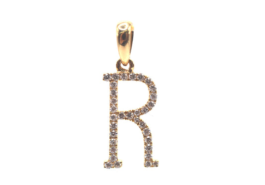 0.75" 0.20 cttw Diamond Initial Pendant "R" 14K Yellow Gold 0.5g bail 2.5mm