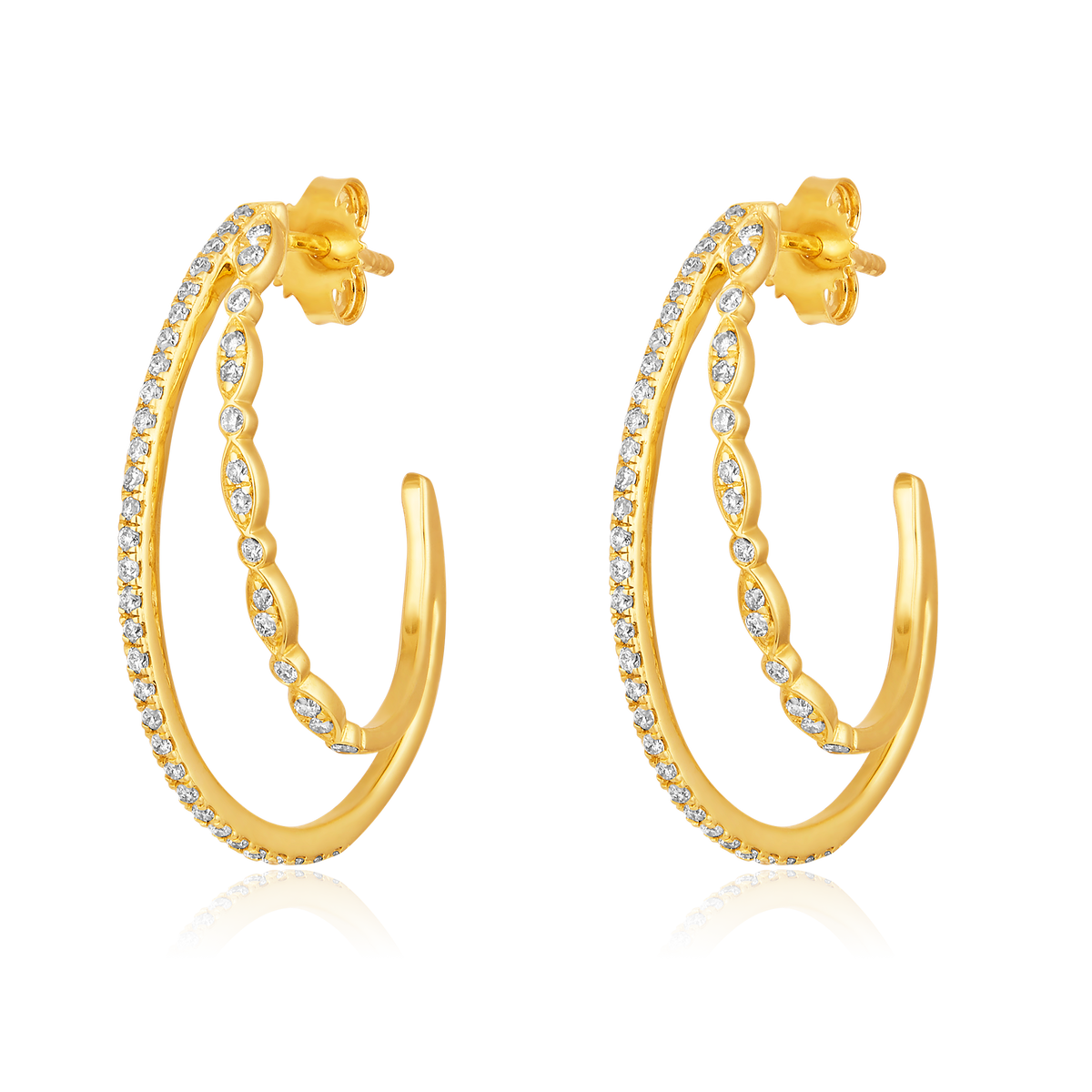 14K Gold 0.4ct Natural Diamond Double C Open Hoop Earrings