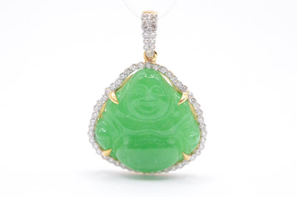 1.25" 0.50cttw. Diamond and Jade 10k Yellow Gold Buddha Pendant
