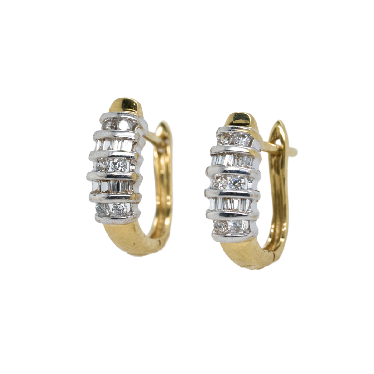 14K Two-Tone Gold Baguette Natural Diamond Huggie Earrings, 0.35 CTTW