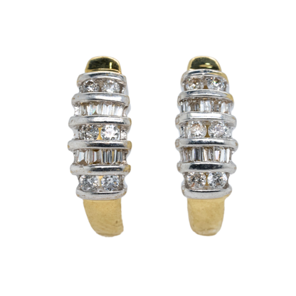 14K Two-Tone Gold Baguette Natural Diamond Huggie Earrings, 0.35 CTTW