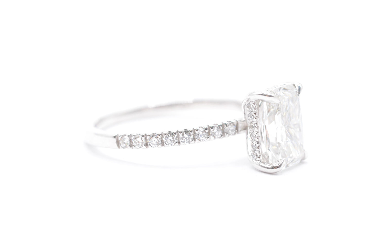 2ct radiant lab grown diamond center f color vs1 14k white gold diamond pave setting with accented underhalo 2.5cttw