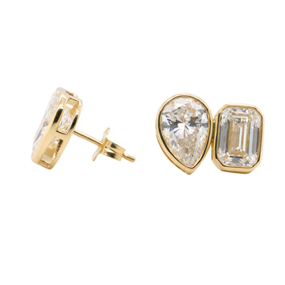 14K Yellow Gold Emerald Lab-Grown Diamond Stud Earrings, 6.14 CTTW