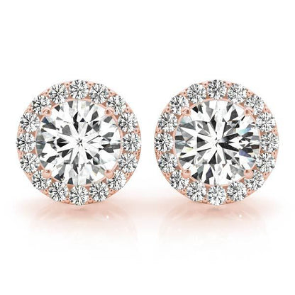 14K Rose Gold Round Diamond Halo Earrings