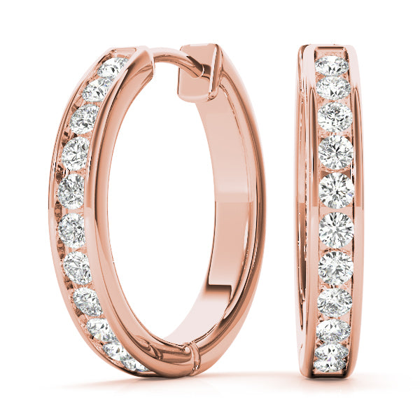 14K Rose Gold Round Diamond Hoop Earrings