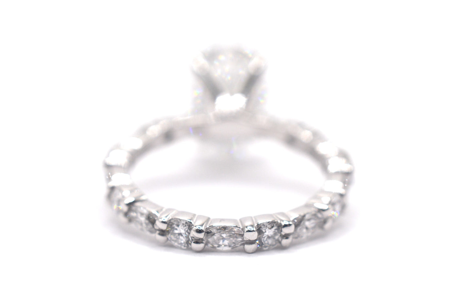 2.5ct Oval Lab diamond center IGI certified f color vs1 in custom marquis/round alternating eternity 14k white gold.