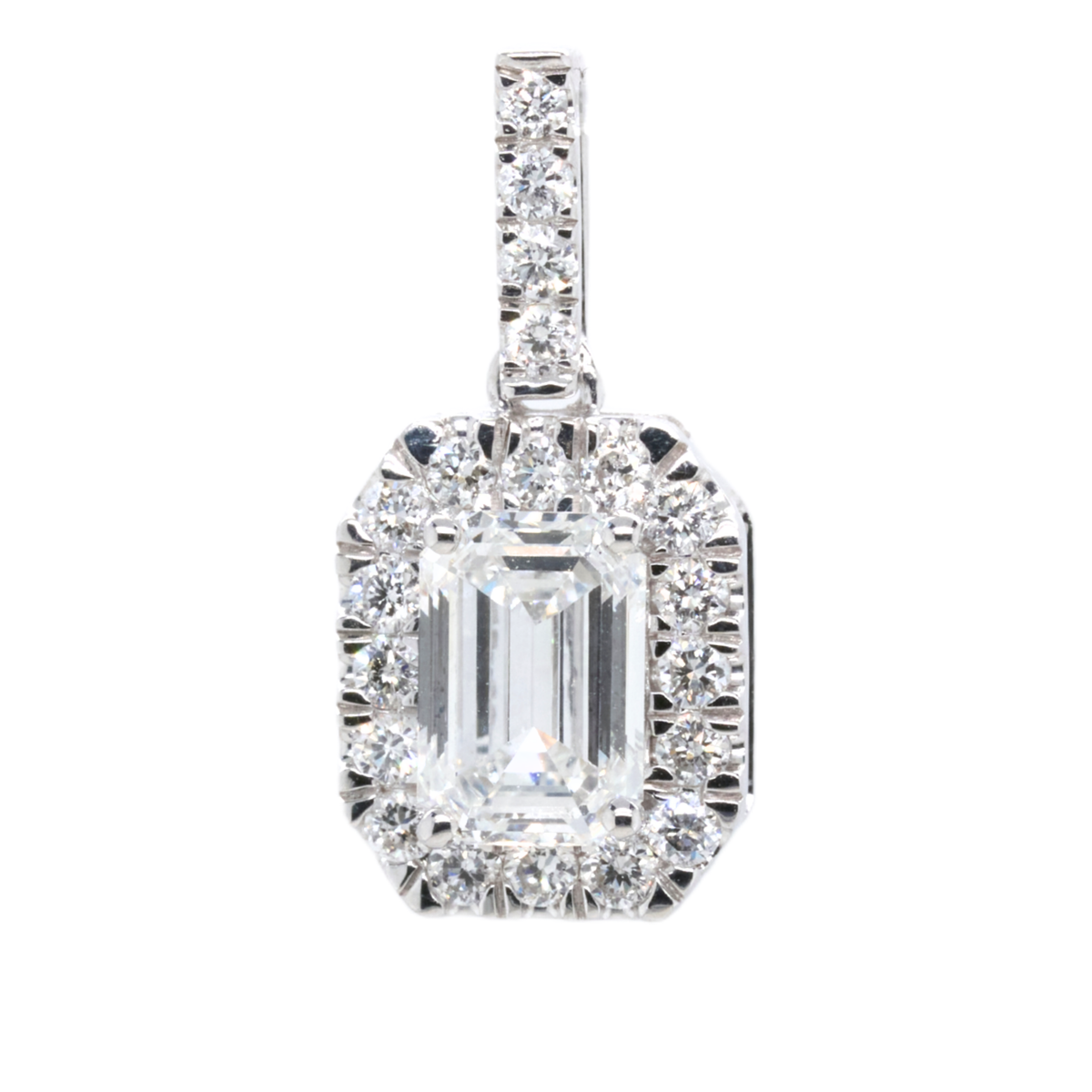 Lab-Grown Emerald Halo Pendant in 14K White Gold, 1.01 CTTW