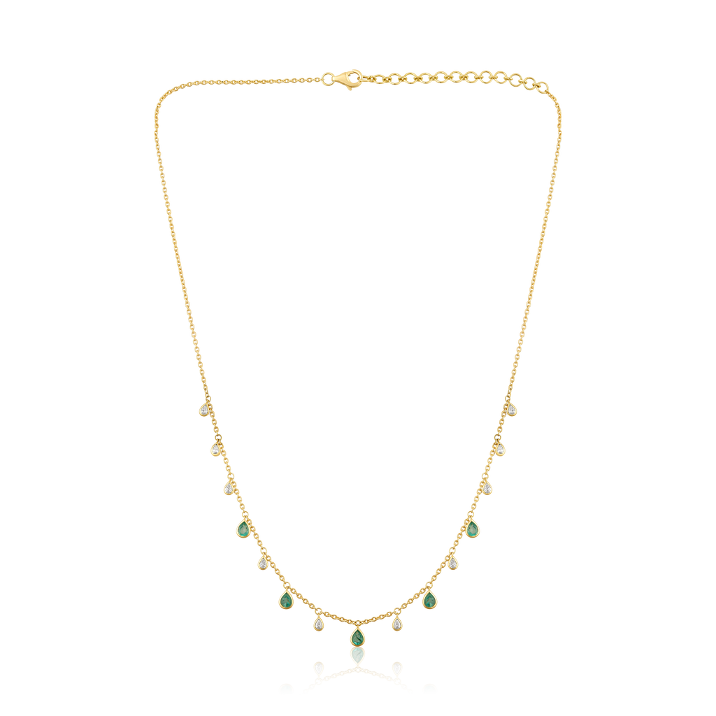 Diamond Emerald Pear Bezel Fringe Station Drop Necklace