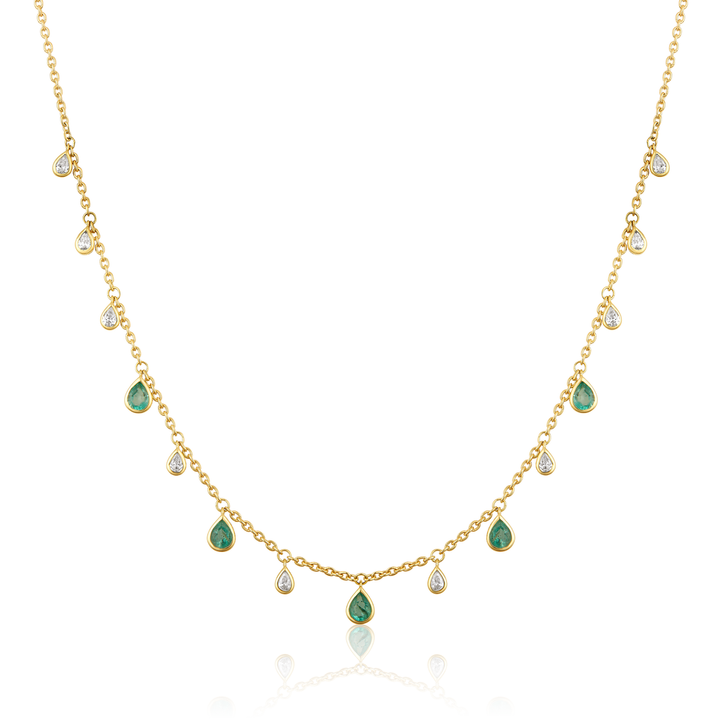 Diamond Emerald Pear Bezel Fringe Station Drop Necklace