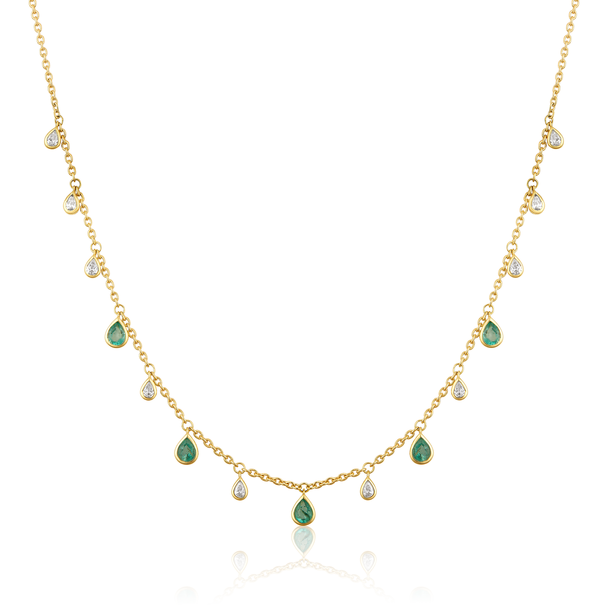 Diamond Emerald Pear Bezel Fringe Station Drop Necklace