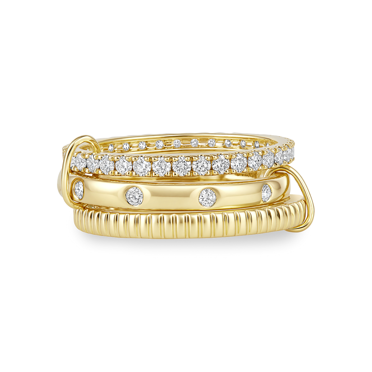 Diamond 3 Row Pavé Flush Fluted Stack Band Ring