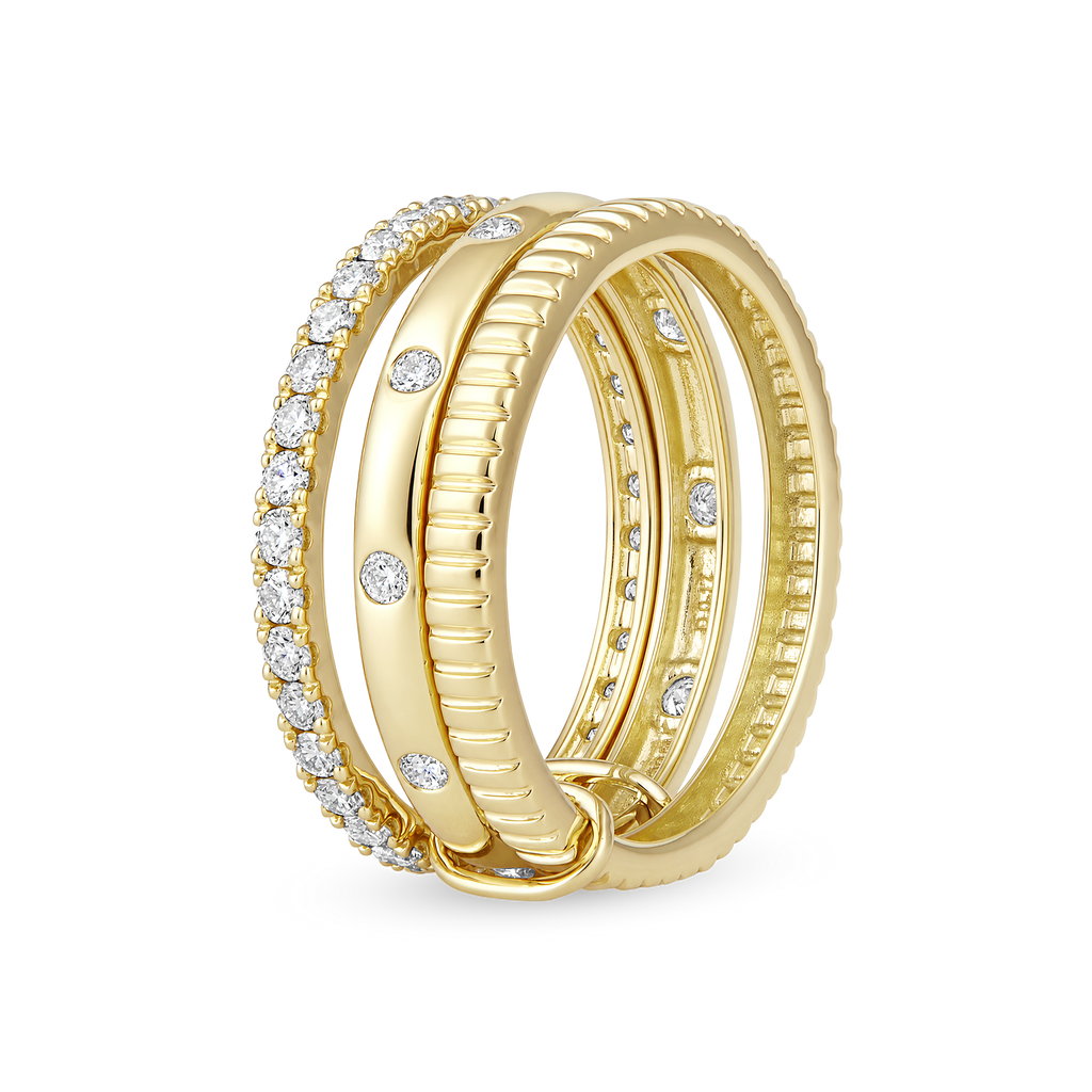 Diamond 3 Row Pavé Flush Fluted Stack Band Ring