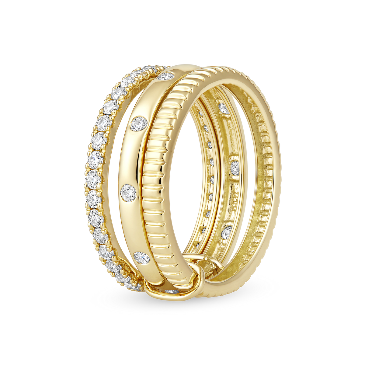 Diamond 3 Row Pavé Flush Fluted Stack Band Ring