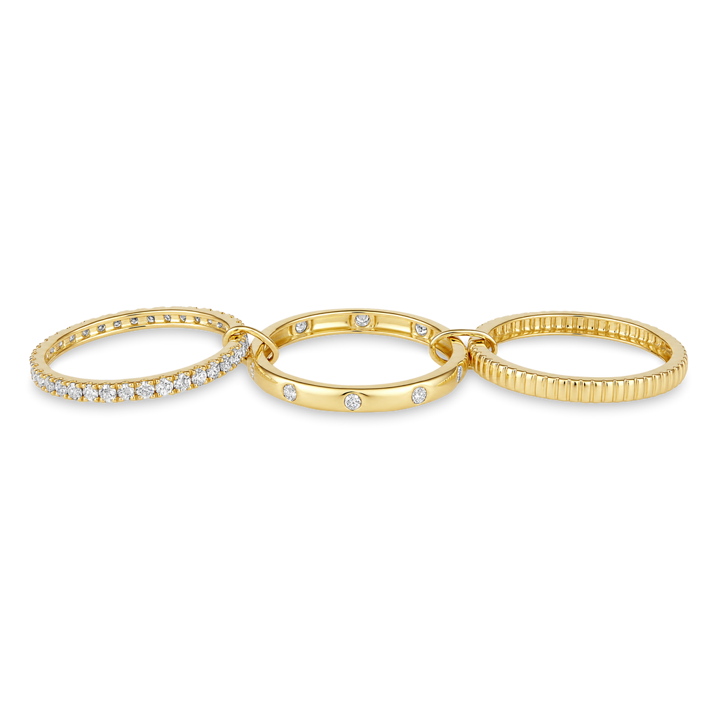 Diamond 3 Row Pavé Flush Fluted Stack Band Ring