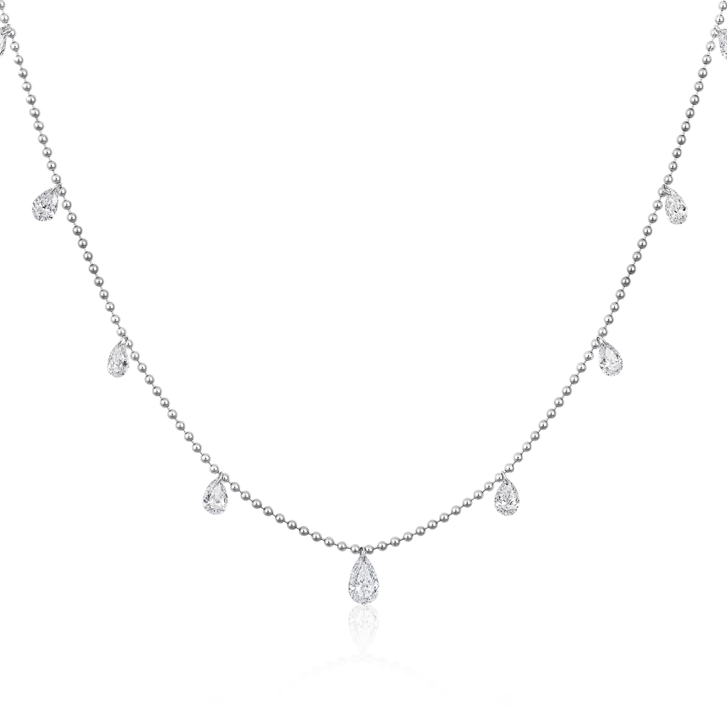Diamond 11 Stone Drilled Pear Dangle Bead Chain Necklace