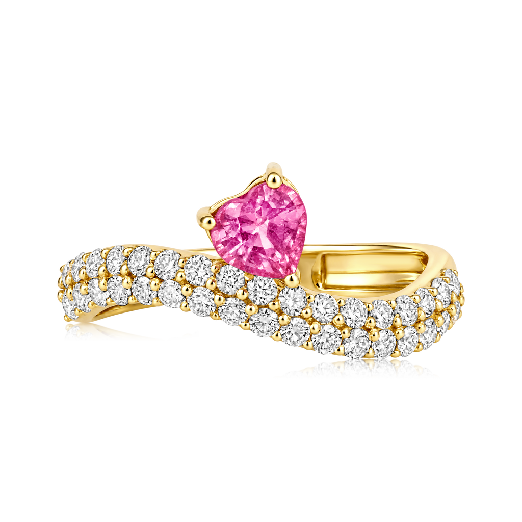 Diamond Pink Sapphire Heart Prong 2 Row Pavé Wave Band Ring