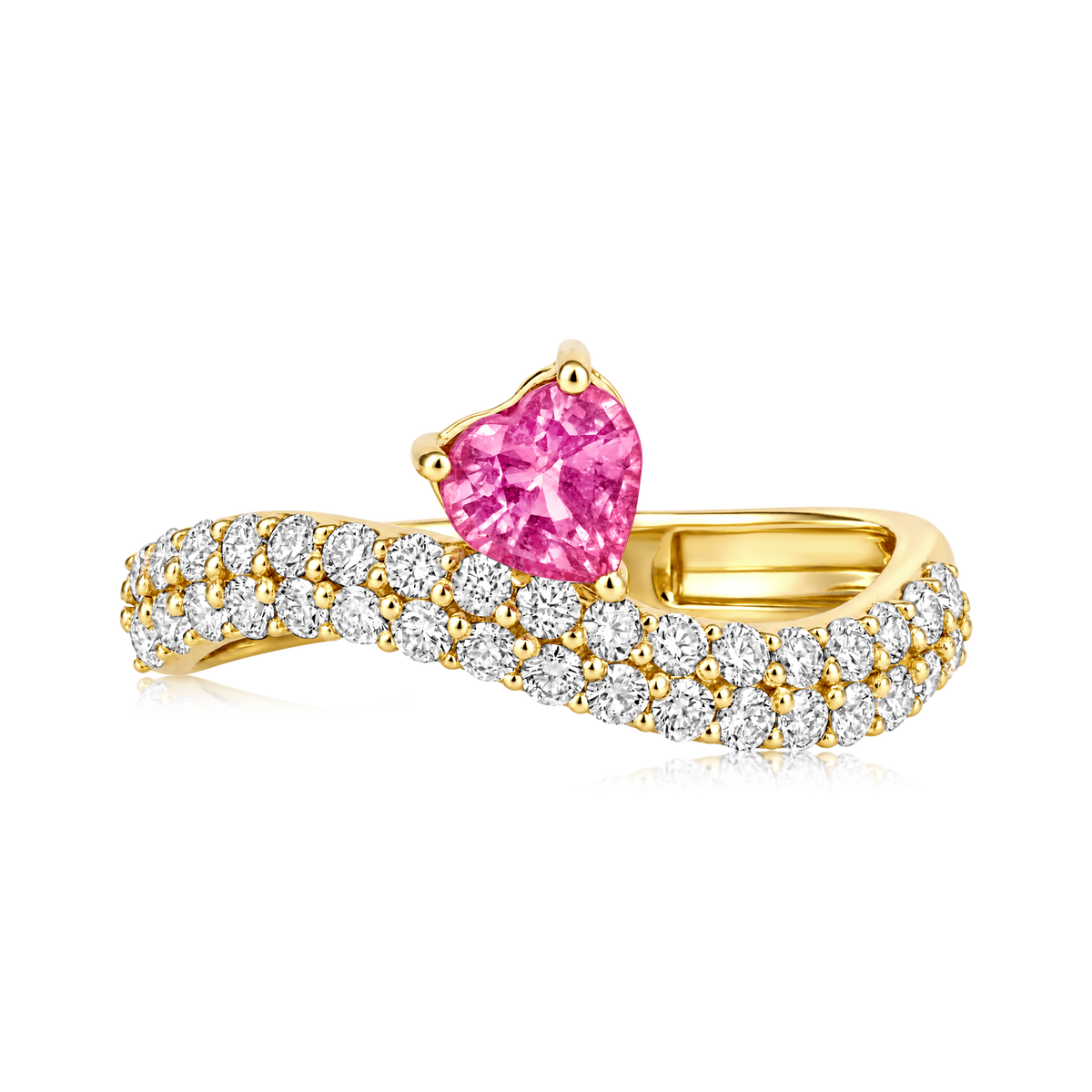 Diamond Pink Sapphire Heart Prong 2 Row Pavé Wave Band Ring