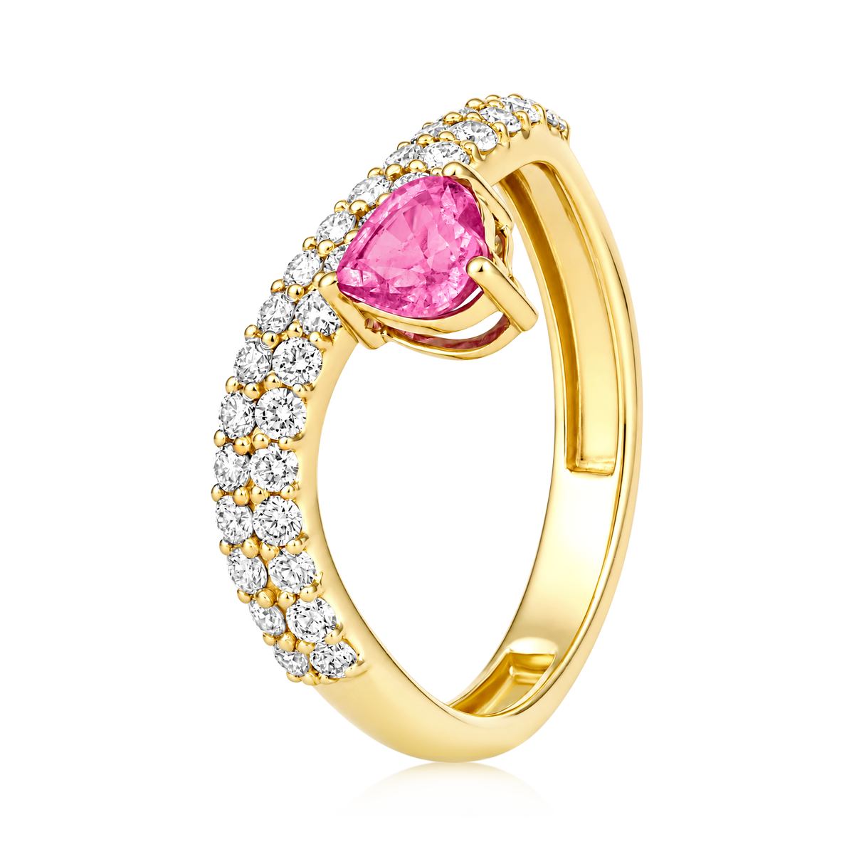 Diamond Pink Sapphire Heart Prong 2 Row Pavé Wave Band Ring