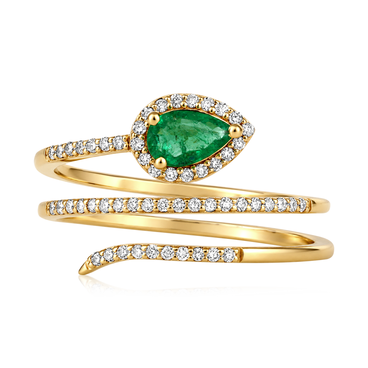 Diamond Emerald Pear Halo Pavé Snake Wrap Ring