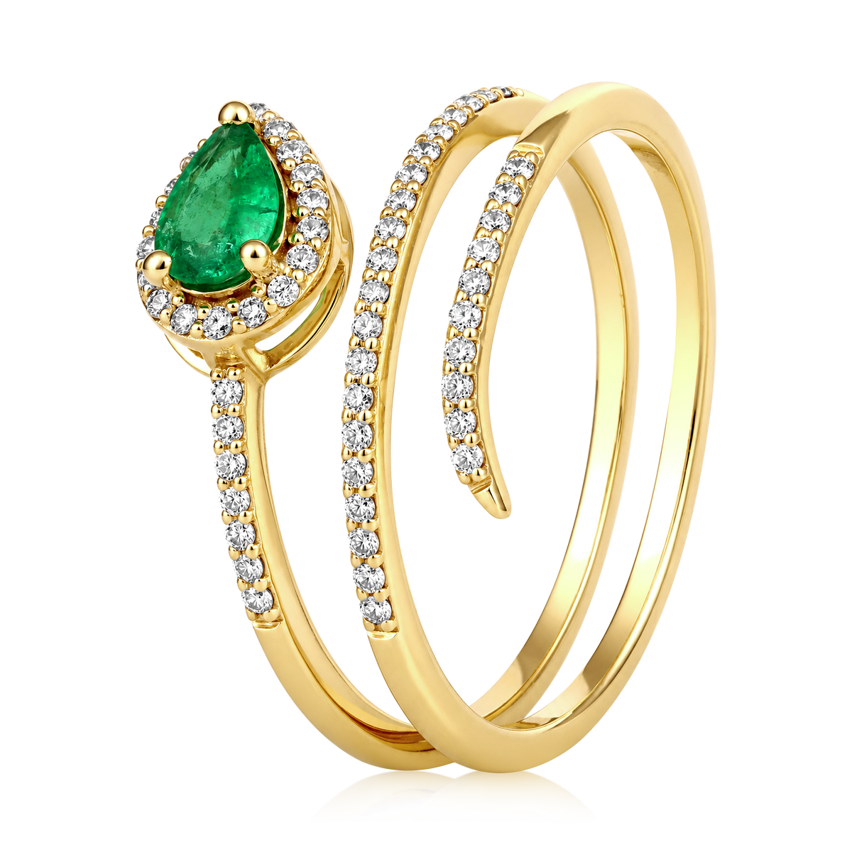 Diamond Emerald Pear Halo Pavé Snake Wrap Ring