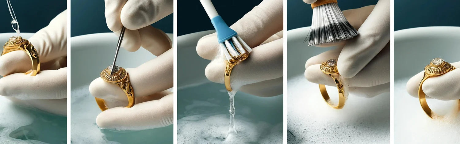 Gold ring being cleaned with a brush and tweezers in a step-by-step process.