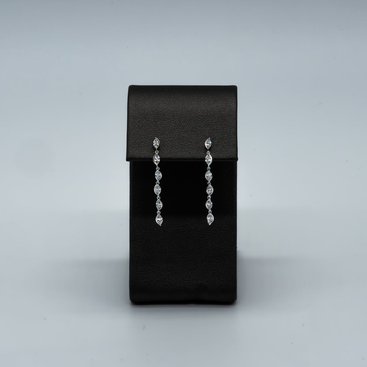 Live Sale Item # 61, 1" 0.72cttw d/e vvs marquise lab diamond half bezel dangling push back earrings 14k white gold